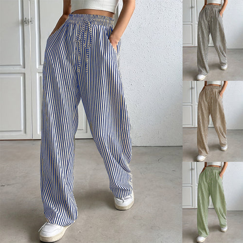 Striped wide pants for women with elastic waist and practical pockets Amarae