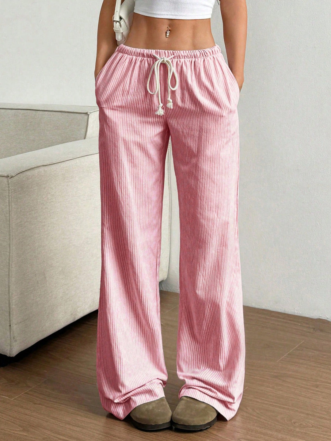 Ladies Wide Leisure Pants with Drawstring, Elastic Waistband and Fine Stripe Texture Amarae