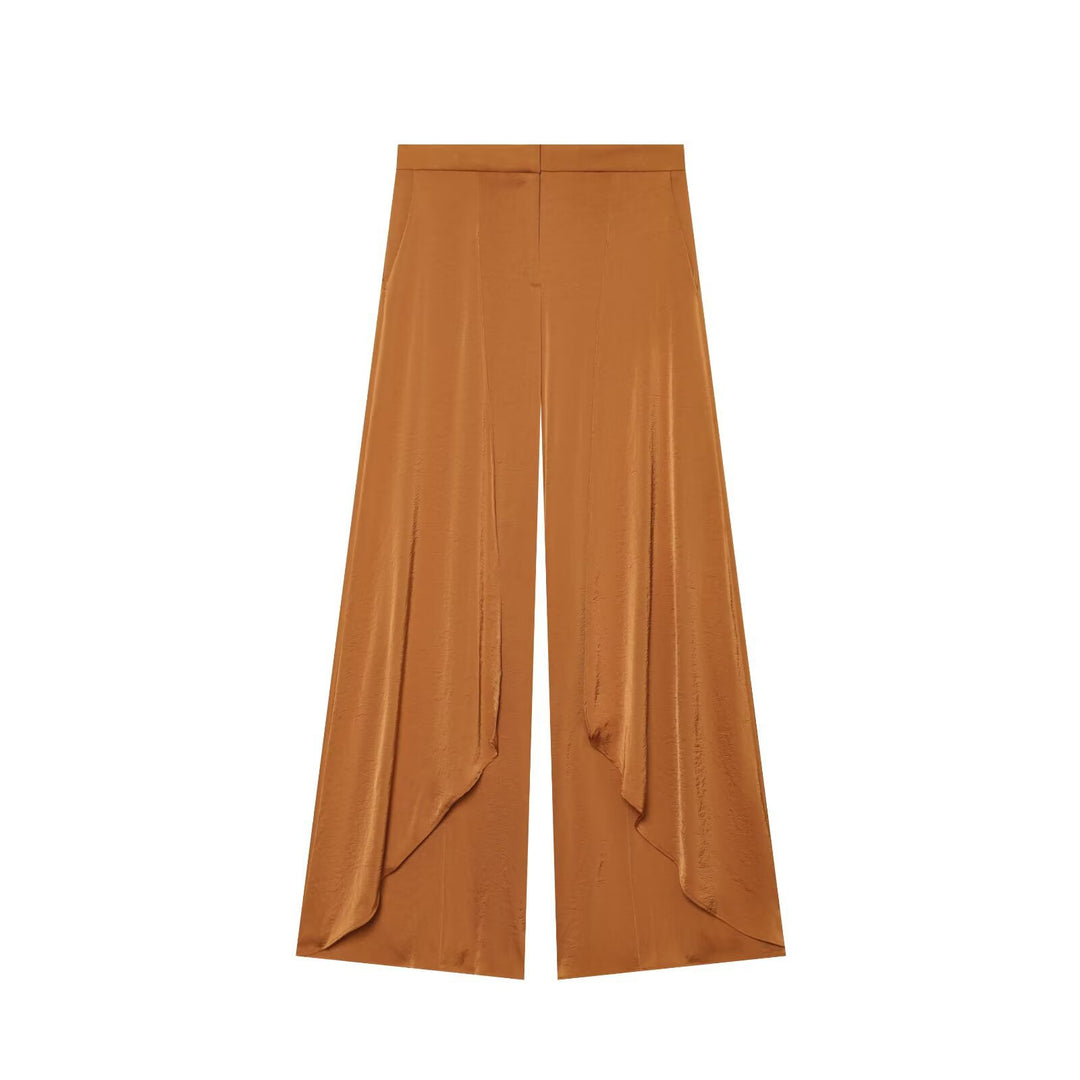 Women's Flowing Satin Pants in Palazzo Cut with Draped Ruffle Panels Amarae