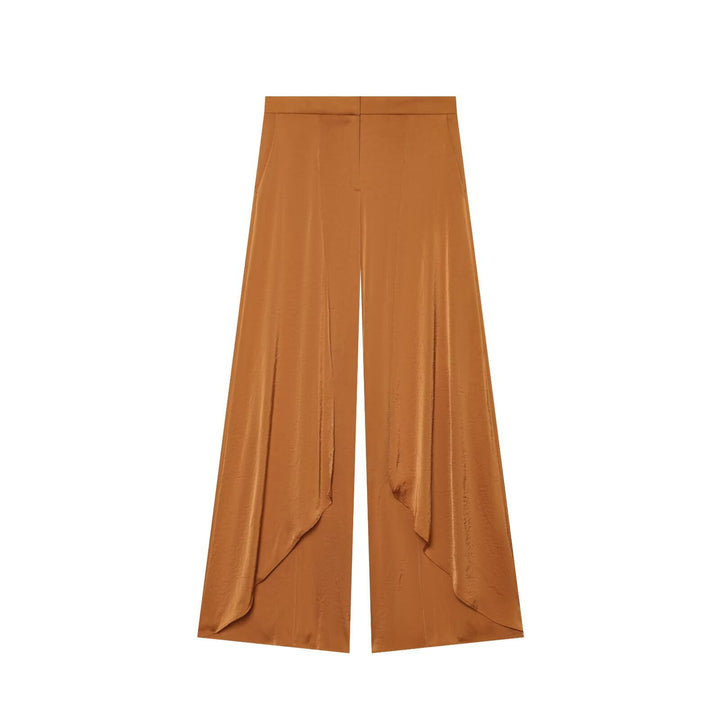 Women's Flowing Satin Pants in Palazzo Cut with Draped Ruffle Panels Amarae