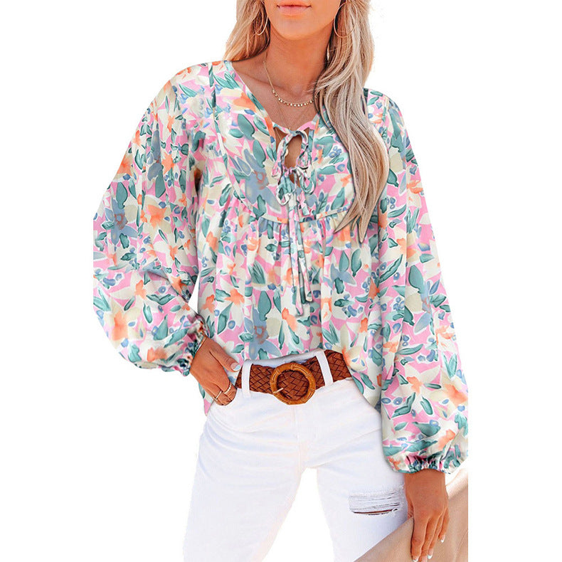 Chic and Stylish Casual Women’s Blouse with Floral Print and Ruffled Sleeves