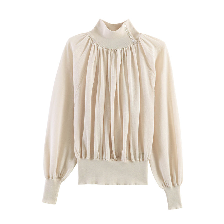 Women's Elegant Pleated Blouse with Stand Collar, Button Detail and Balloon Sleeves Amarae