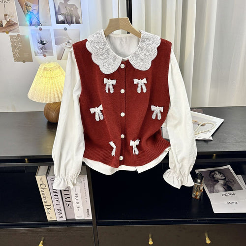 Ladies playful knit cardigan with rolled collar and decorative bows Amarae