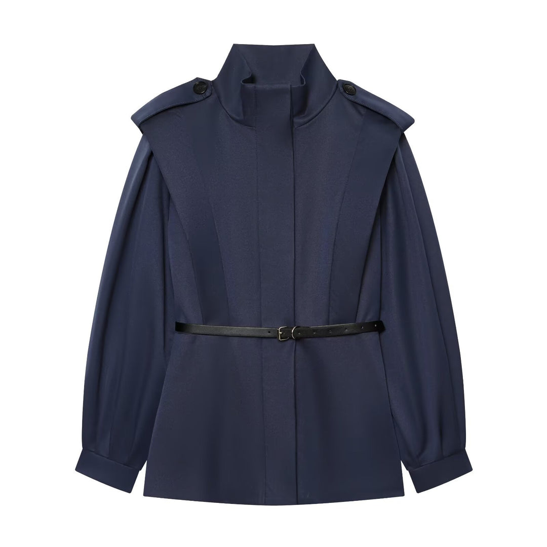 Women Short Cape Trench with High Funnel Collar and Waist Belt Amarae