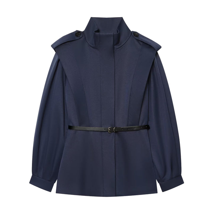Women Short Cape Trench with High Funnel Collar and Waist Belt Amarae