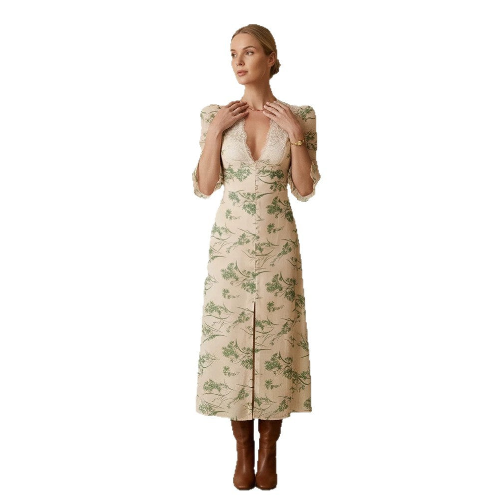 Women Floral Midi Dress with Lace V-Neck, Fitted Waist Seam and Pearl Button Placket Amarae
