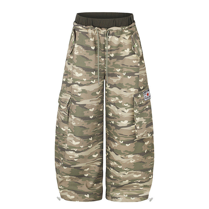Women's Wide Cargo Pants with Heart Camouflage, Drawstring Waistband and Generous Pockets Amarae