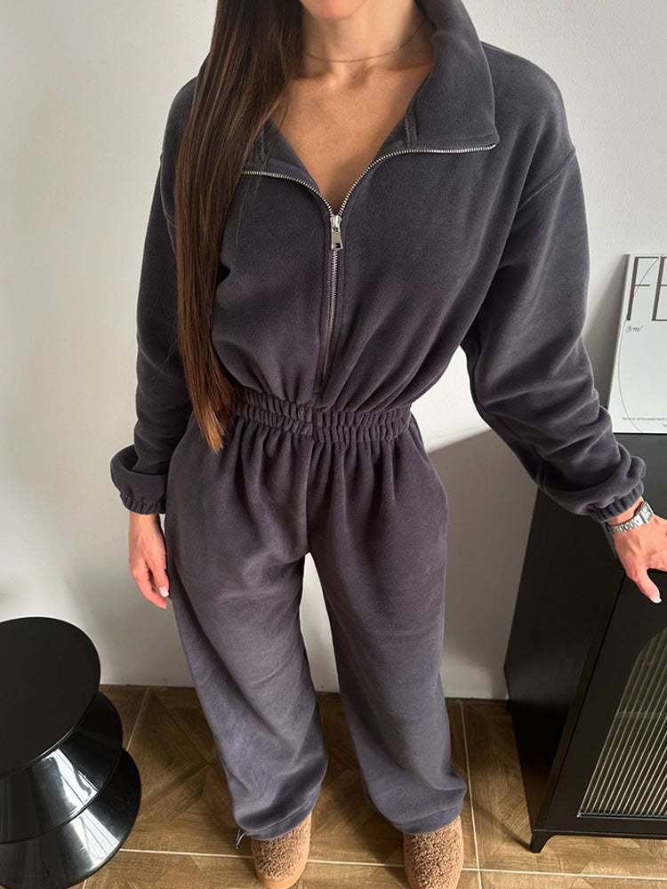 Ladies fashionable fleece jumpsuit with high collar and elastic waist Lune London