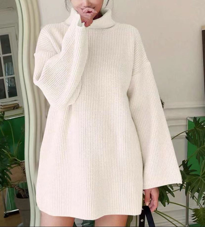 Ladies Long Knit Sweater with High Collar and Flared Sleeves Lune London