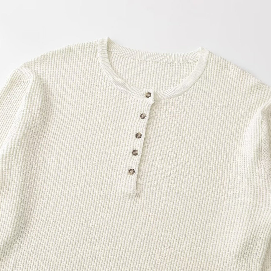 Women Thick Knit Waffle Knit Sweater with Henley Placket Amarae