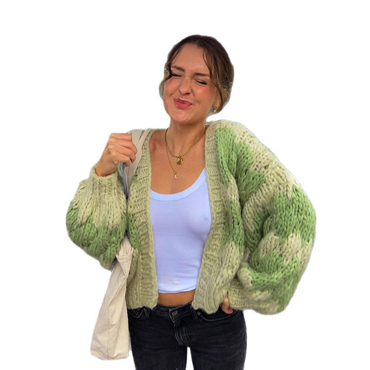 Women's Chunky Knit Cropped Cardigan with Voluminous Balloon Sleeves and Crochet Patch Details Amarae