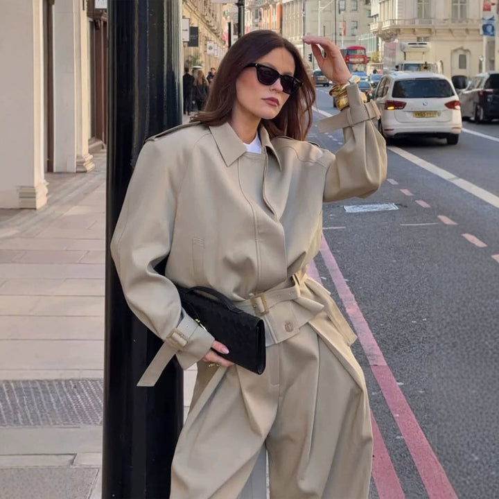 Women Tailored Short Trench Coat with Tie Belt, Raglan Sleeves and Concealed Button Placket Amarae