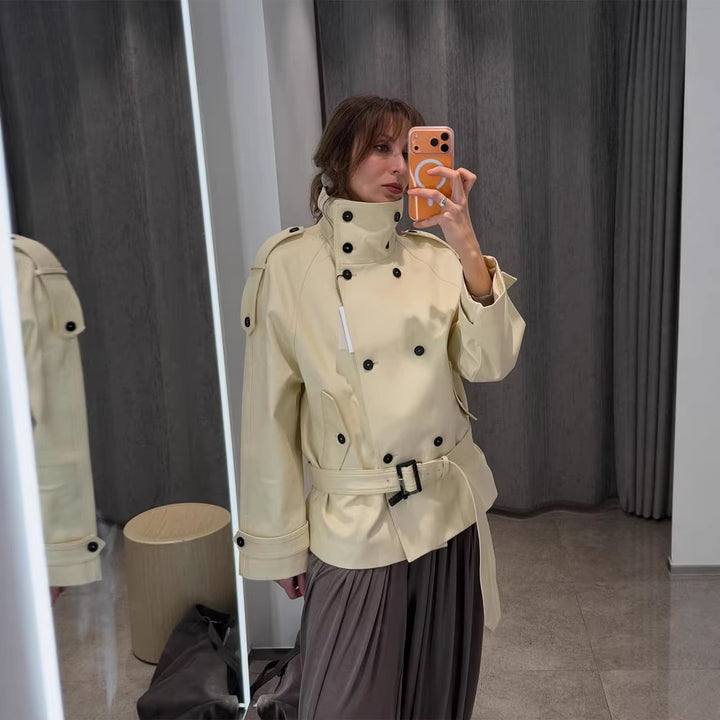Women Short Double-Breasted Trench Jacket with High Standing Collar and Waist Belt Amarae