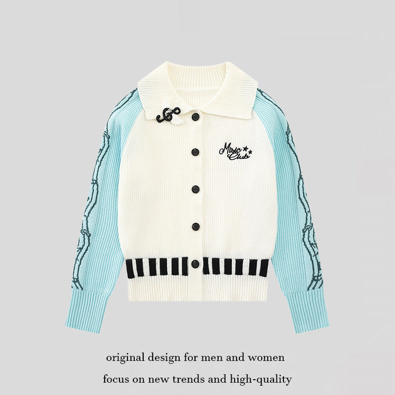 Women's cardigan with contrast sleeves, musical embroidery and polo collar Amarae