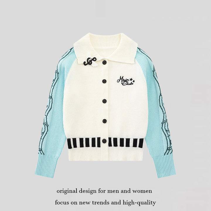 Women's cardigan with contrast sleeves, musical embroidery and polo collar Amarae