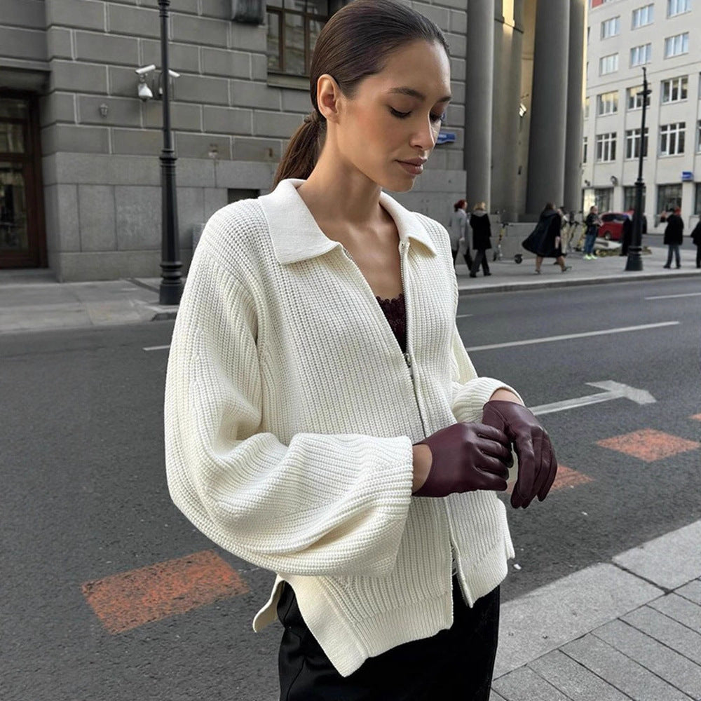Women Ribbed Cardigan with Zipper, Shirt Collar & Balloon Sleeves Amarae