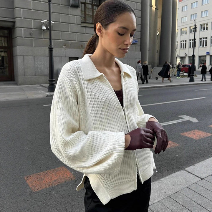 Women Ribbed Cardigan with Zipper, Shirt Collar & Balloon Sleeves Amarae