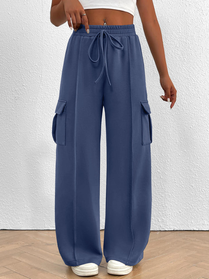 Wide cargo pants for women with elastic waist and practical pockets Lune London