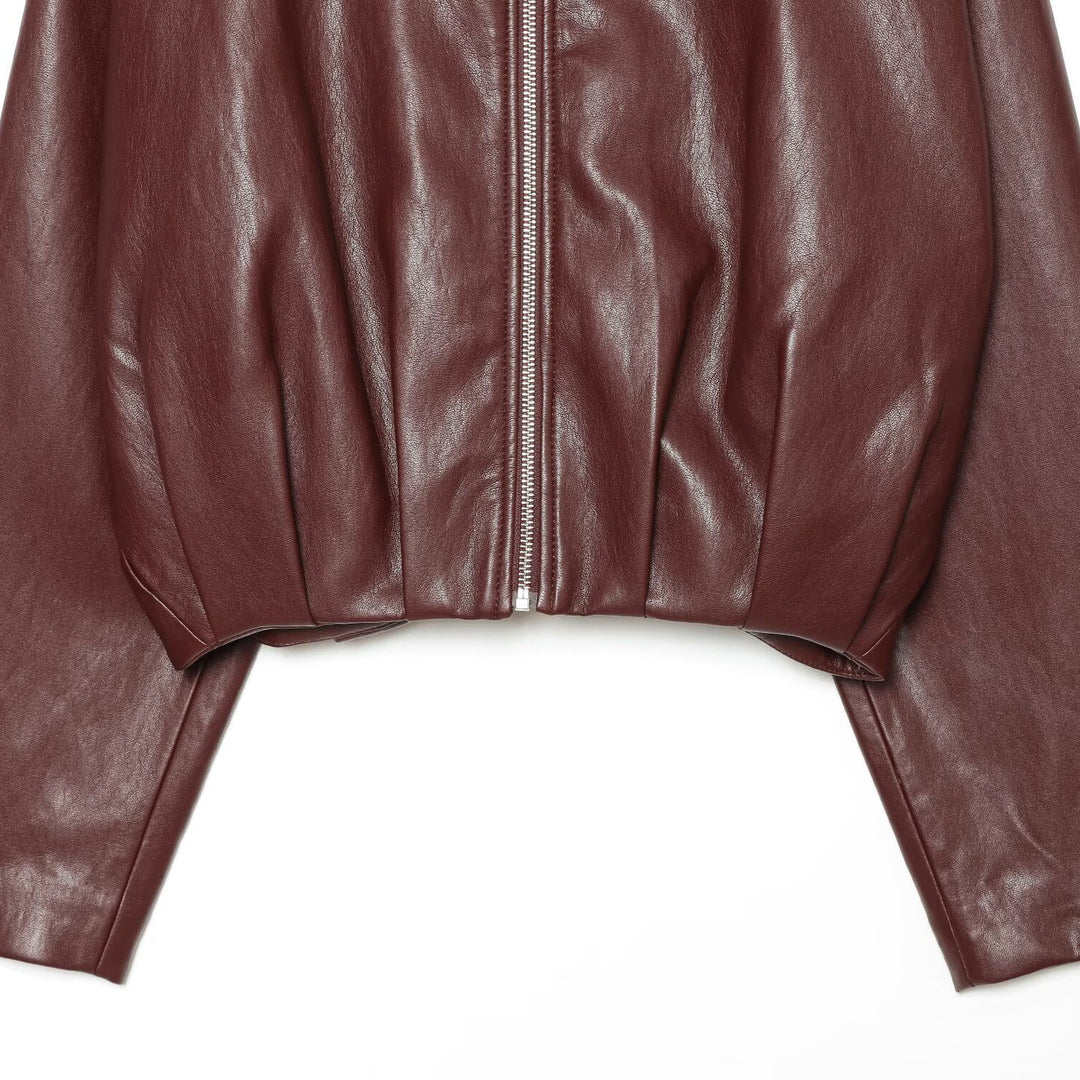 Women Cropped Faux Leather Jacket with High Collar, Oversized Sleeves and Tailored Waist Amarae