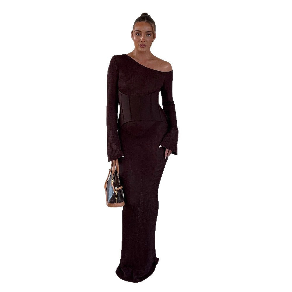 Women's One-Shoulder Maxi Dress with Shaping Corset Waist and Ribbed Knit Amarae