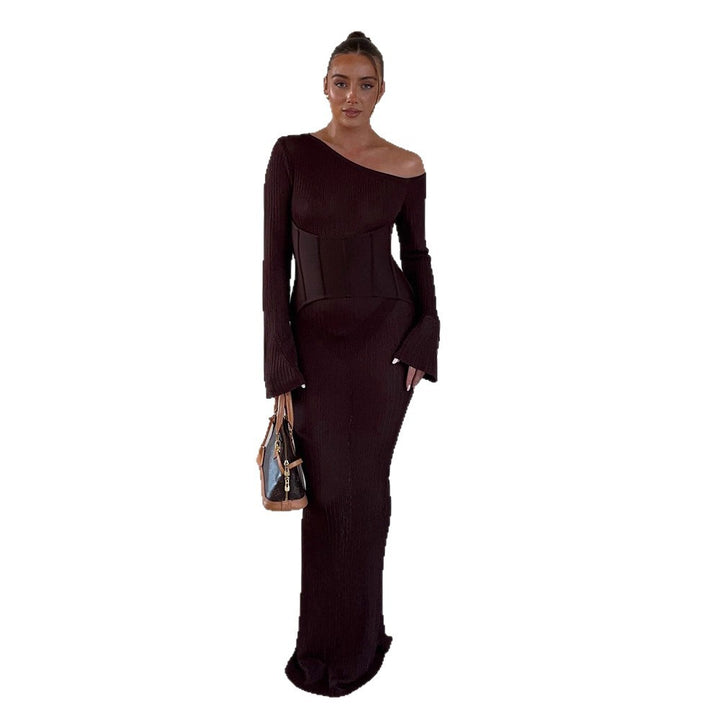 Women's One-Shoulder Maxi Dress with Shaping Corset Waist and Ribbed Knit Amarae