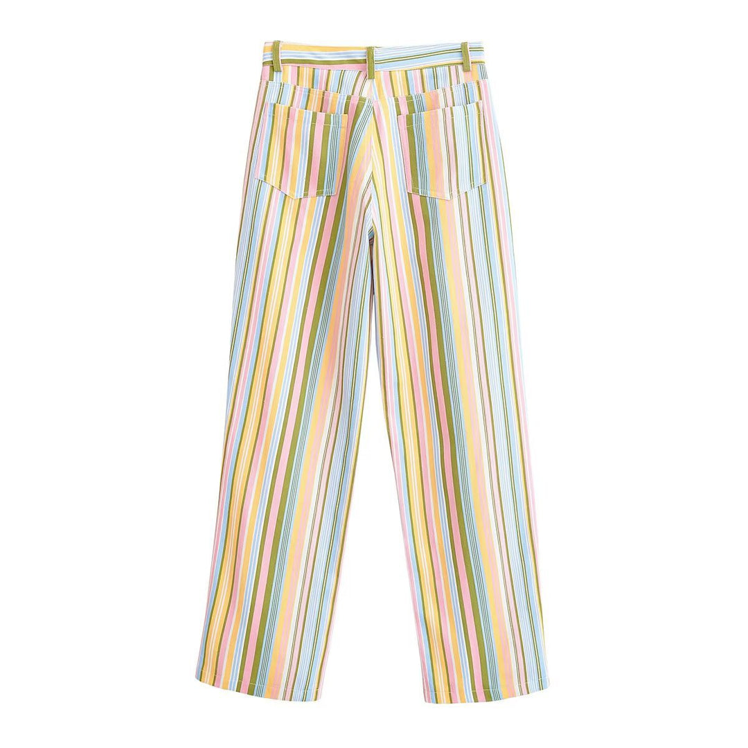 Women's Striped High Waist Pants with Wide Leg and Five Pocket Cut Amarae