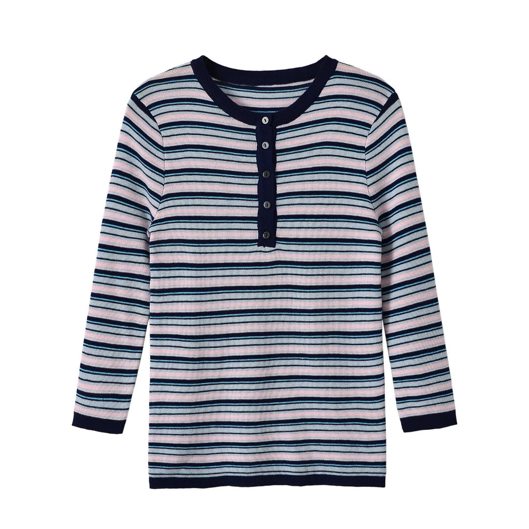 Women's fine knit Henley shirt with fine stripe structure and button placket Amarae