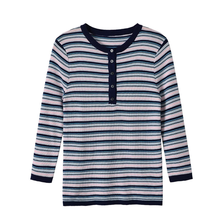 Women's fine knit Henley shirt with fine stripe structure and button placket Amarae