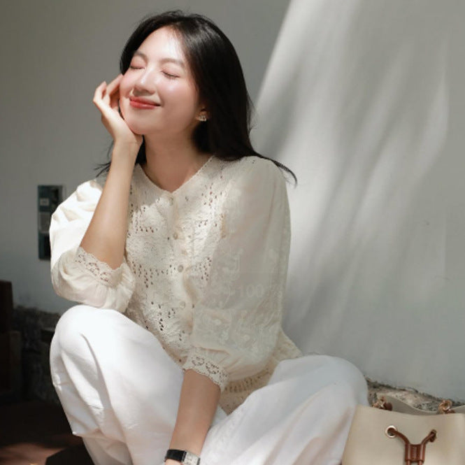 Women's Romantic Crochet Blouse with Continuous Button Placket, V-Neck and Three-Quarter Balloon Sleeves Amarae