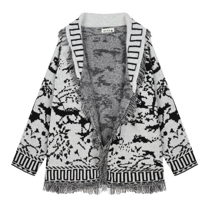 Ladies fringed cardigan with graphic pattern and open front parts Lune London