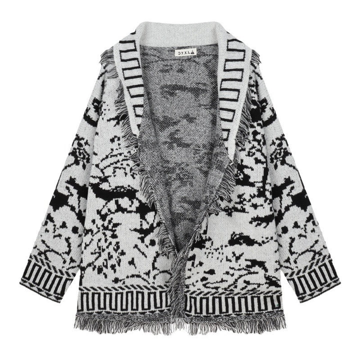 Ladies fringed cardigan with graphic pattern and open front parts Lune London