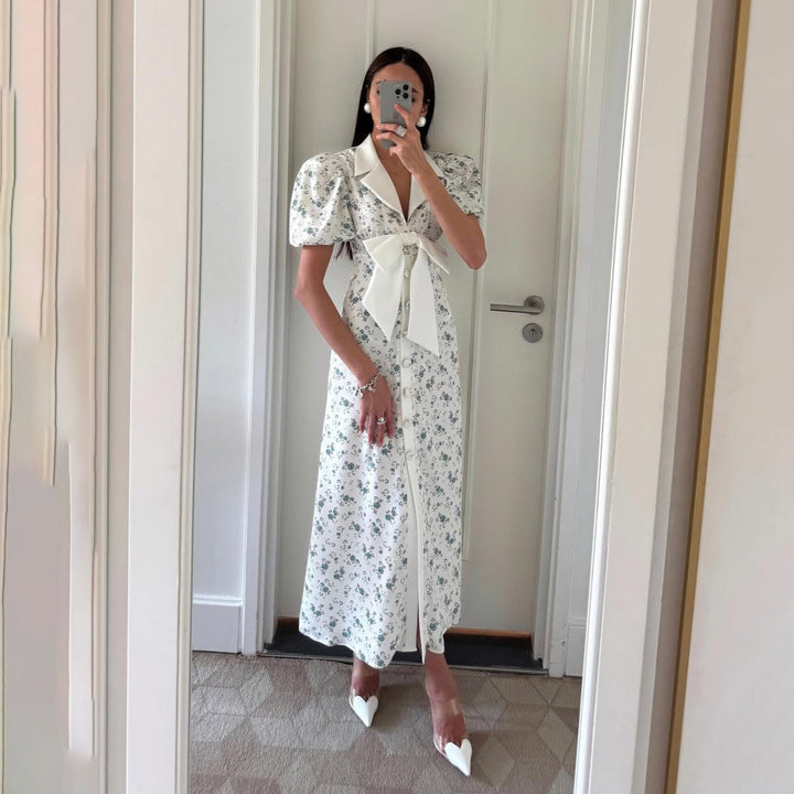 Maxi dress for women with puff sleeves and sash belt Lune London