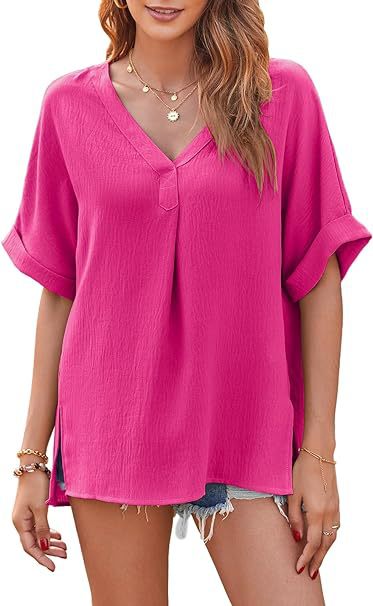 Ladies Light V-neck Top with Roll-up Sleeves Lune London