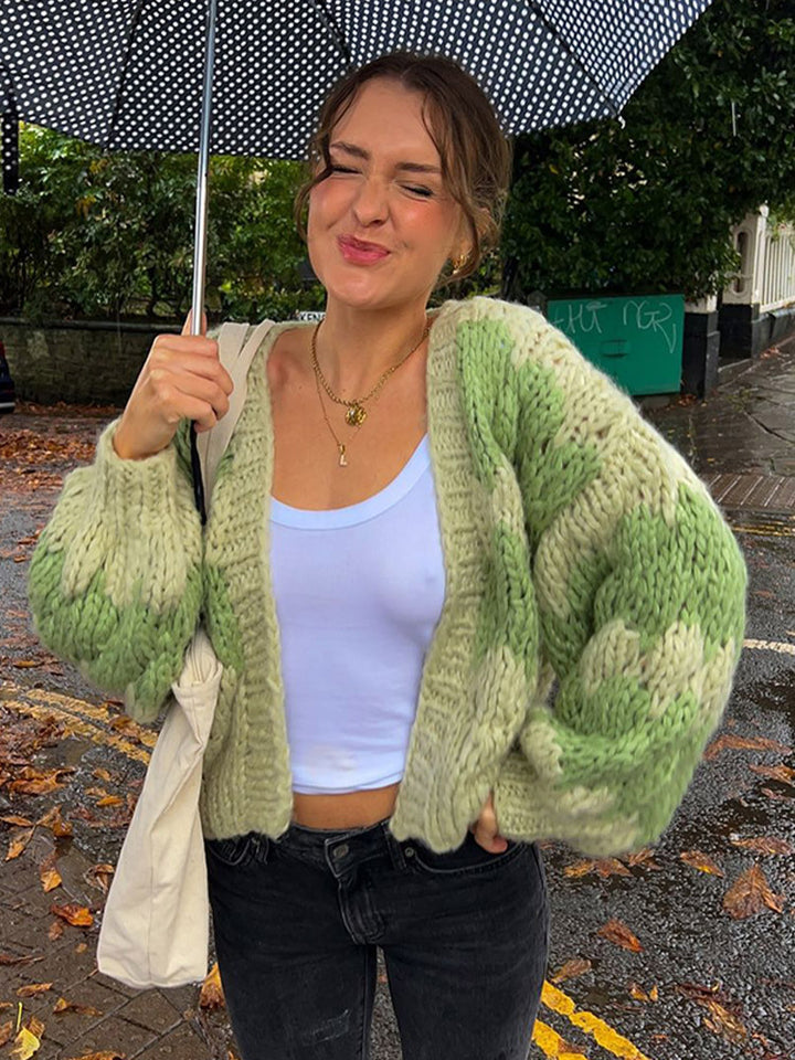 Women's Chunky Knit Cropped Cardigan with Voluminous Balloon Sleeves and Crochet Patch Details Amarae