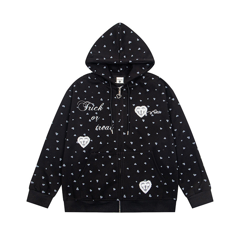 Women's hoodie sweat jacket with full-length zipper, all-over heart print and statement embroidery Amarae