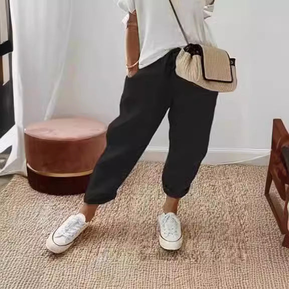 Women's linen jogger pants with drawstring, loose tapered fit and rolled hems Amarae