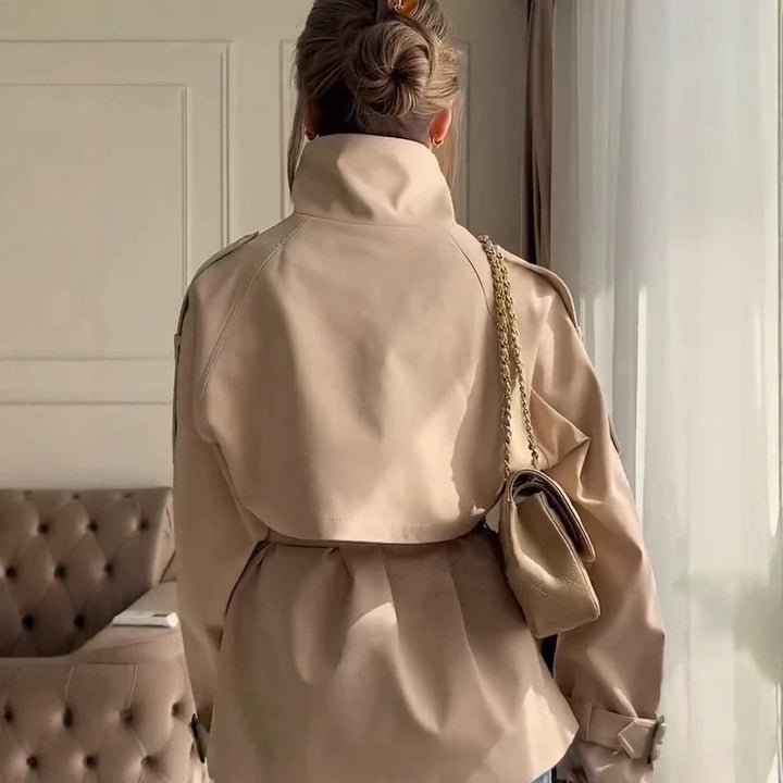 Women's Short Boxy Trench Coat with High Standing Collar, Double-Breasted Front & Waist Belt Amarae