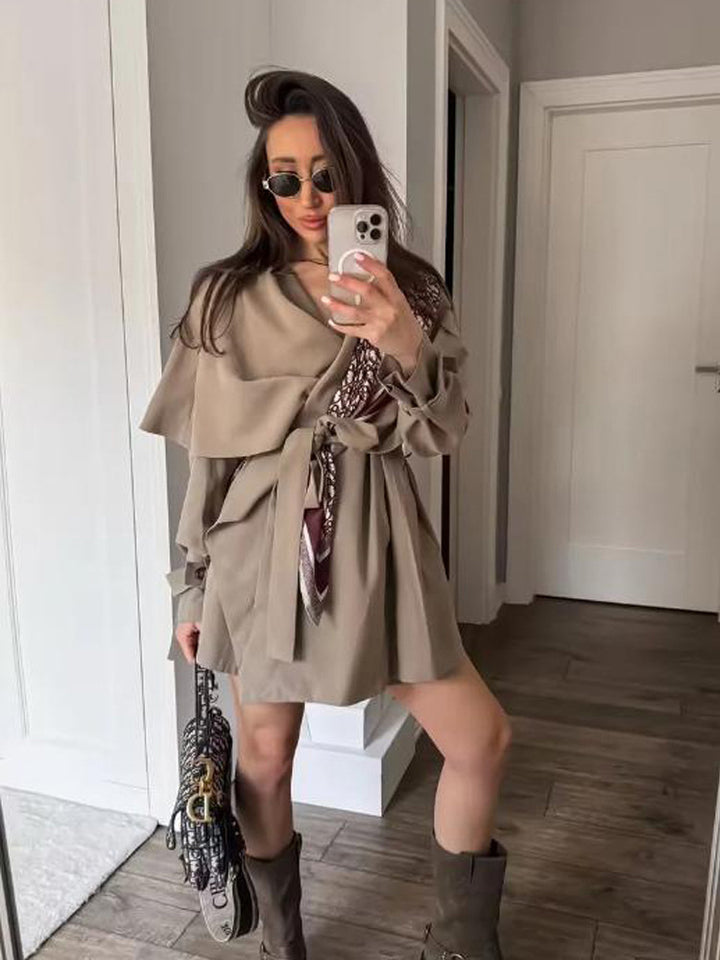 Women's Short Asymmetrical Wrap Coat with Ruffle Overlay and Tie Belt Amarae
