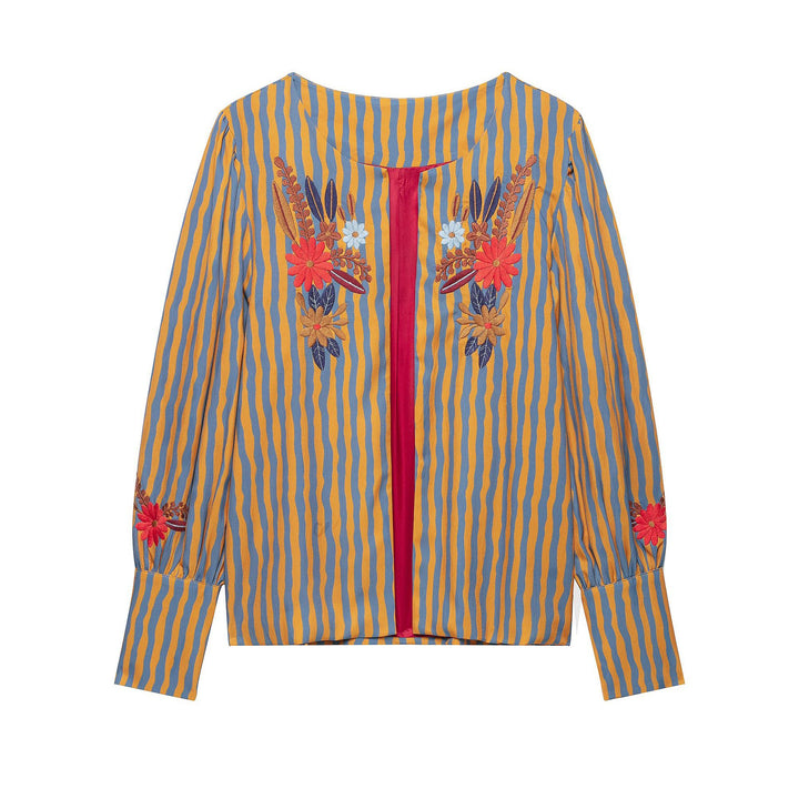 Women's Striped Cropped Blouse with Floral Embroidery Amarae