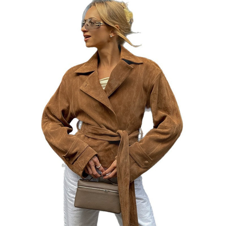 Ladies luxury suede jacket with adjustable belt and elegant lapels Lune London