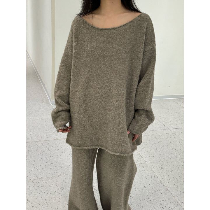 Women Plush Oversized Off-Shoulder Knit Loungewear Set with Loose Silhouette