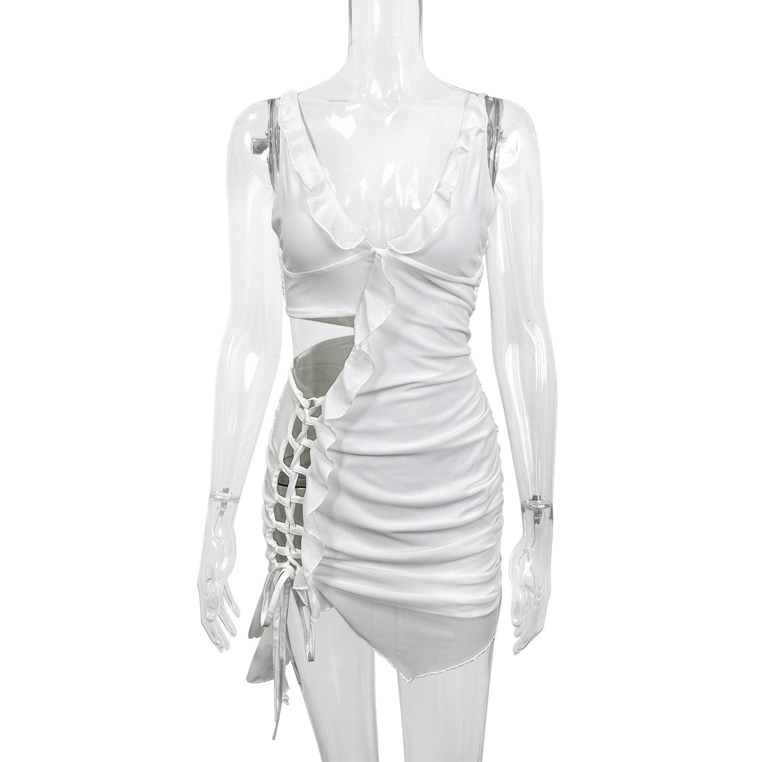 Ladies refined mini dress with asymmetric ruffle elements and cut-out detail Lune London
