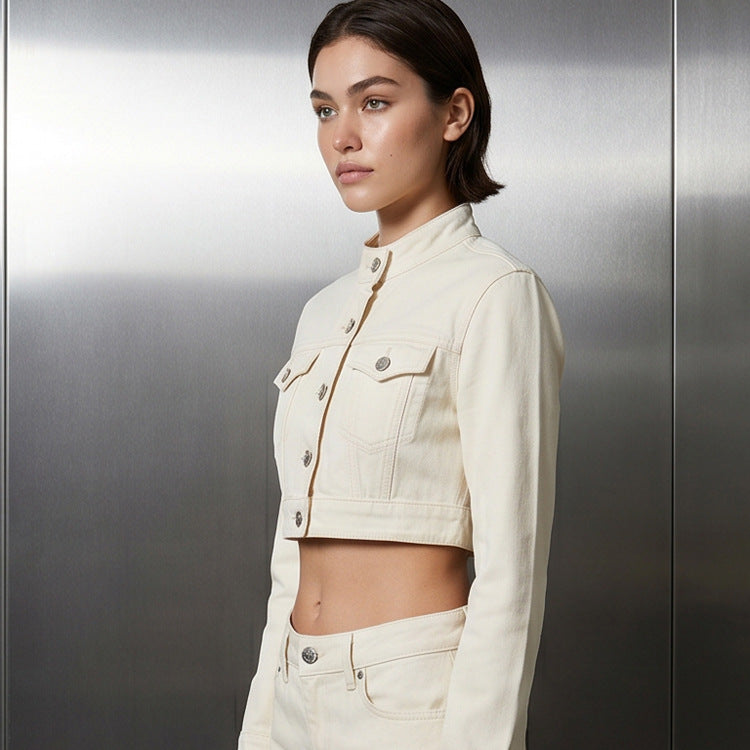 Women Short Cut Cropped Denim Jacket with Stand-up Collar, Chest Pockets and Extended Cuffs Amarae