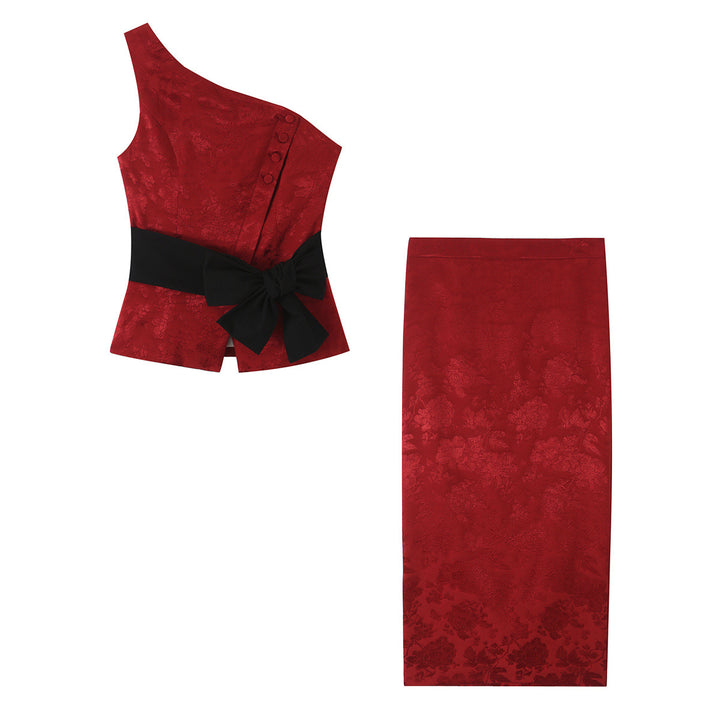 Women's One-Shoulder Jacquard Top with Waistband and Decorative Bow Amarae
