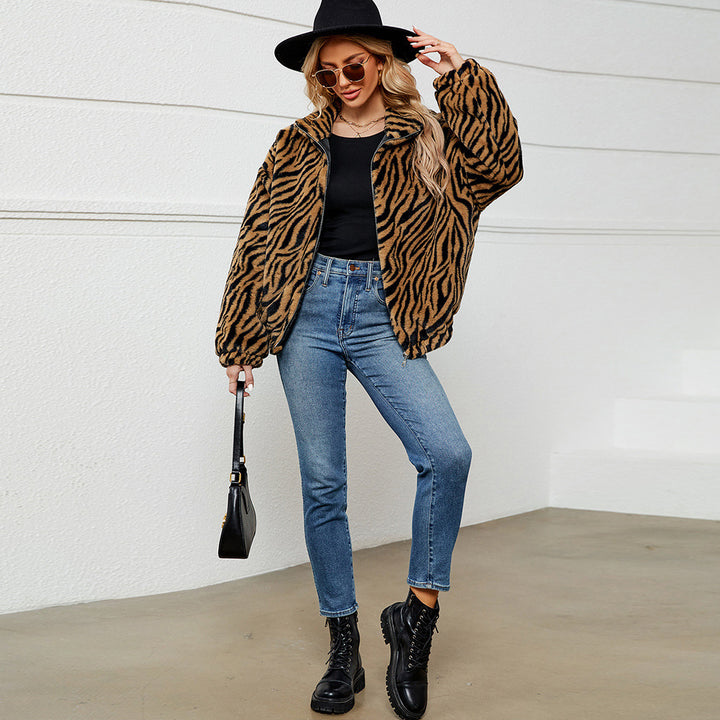 Ladies Cozy Fleece Jacket with Chic and Stylish Zebra Design