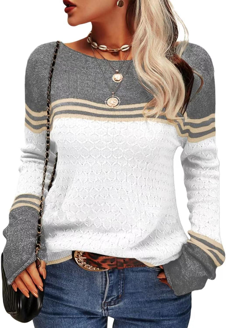 Pull tricoté décontracté pour femmes avec des blocs de couleur contrastants et une texture unique Chic & Stil