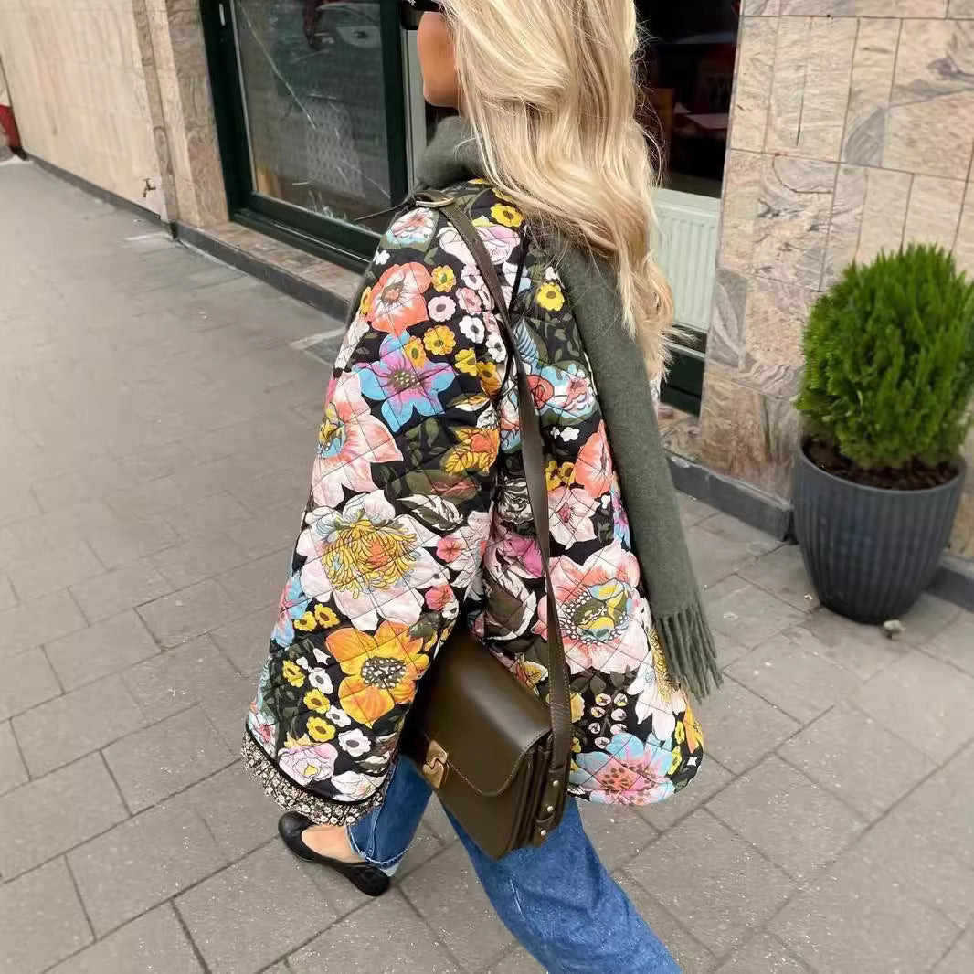 Ladies trendy quilted jacket with floral pattern Lune London