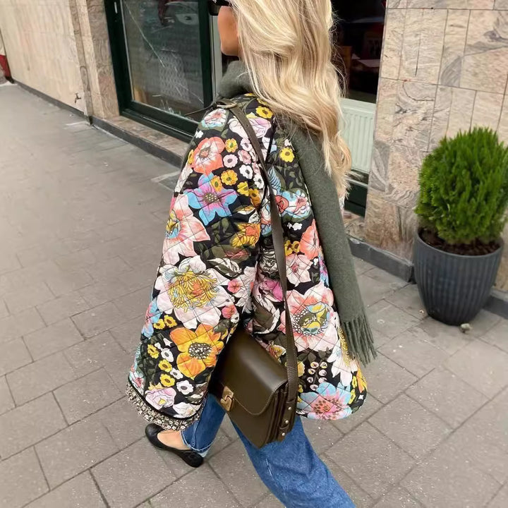 Ladies trendy quilted jacket with floral pattern Lune London