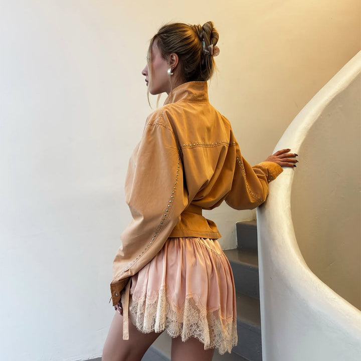 Women's satin lace mini skirt with luxurious shine and delicate lace trim Amarae