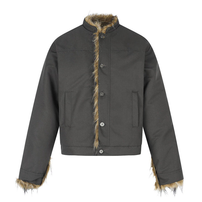 Women's Short Jacket with Faux Fur Lining, Stand-Up Collar and Concealed Button Placket Amarae